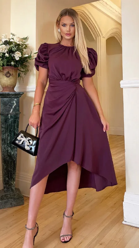 Cheyenne Plum Short Puff Sleeve Midi Dress