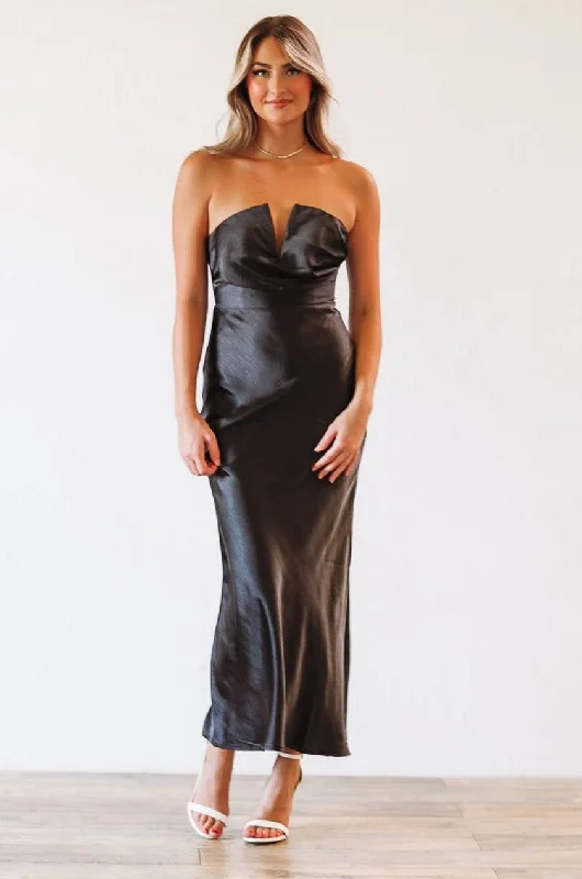 Fashionably Late Satin Midi Dress - Black