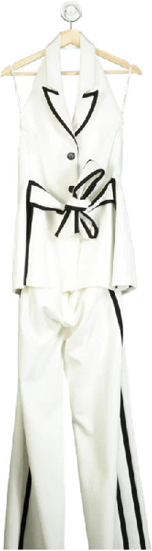 Karen Millen Ivory Compact Stretch Contrast Tipped Belted Wide Leg Tailored Jumpsuit UK 10