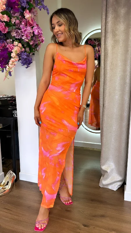 Stacie Orange & Pink Tie-Dye Print Midi Dress