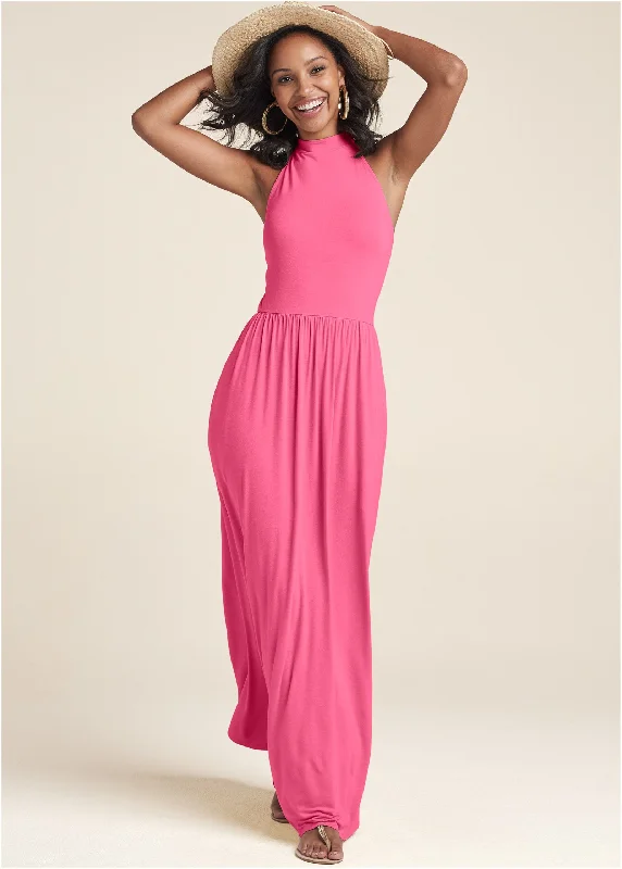 High Neck Maxi Dress - Hot Pink