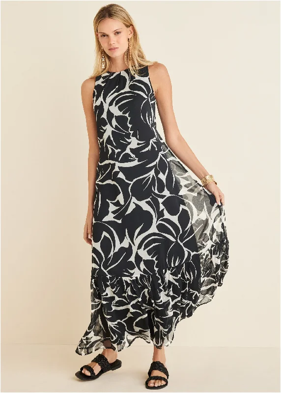 Ruffle Hem Maxi Dress - Woodcut Botanical