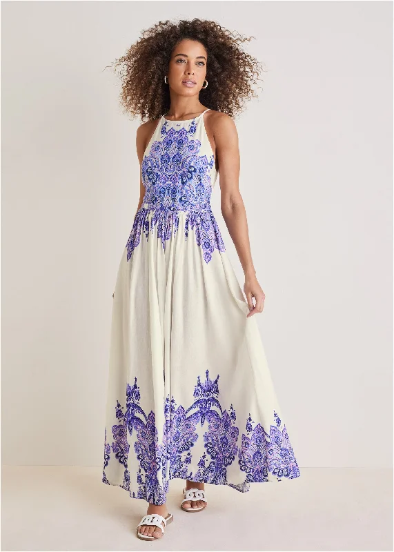 Printed Linen Maxi Dress - Purple Paisley Border