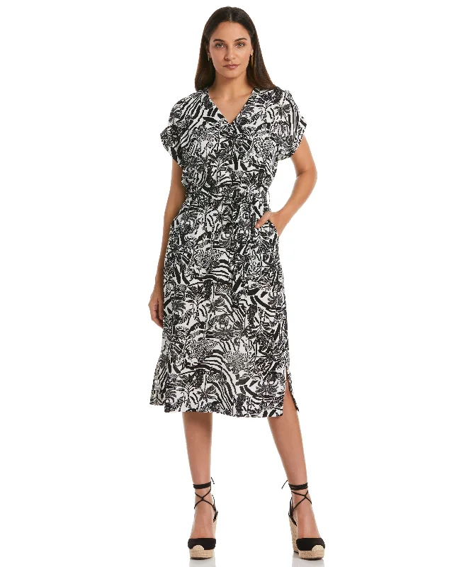 Zebra Print V-neck Midi Dress with Self Fabric Tie