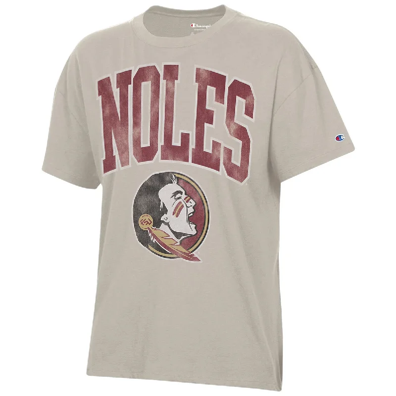 Champion Women's Noles/Seminole Logo Distressed Design Oversized Short Sleeve T-shirt - Cocoa Butter