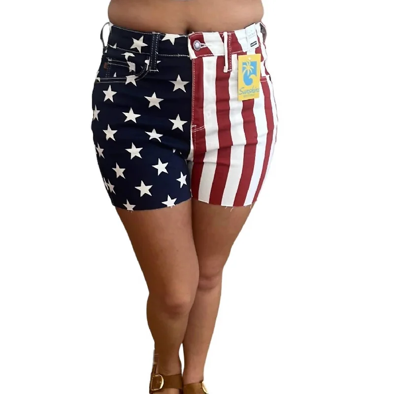 High Waist Americana Flag Fray Hem Shorts In Blue/red/white