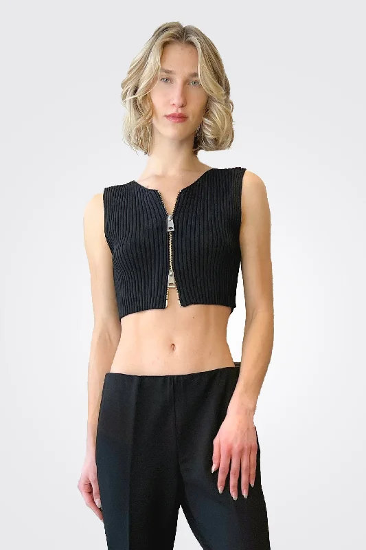 Cropped Ribbed Zip Top - Black