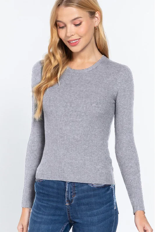 Full Size Ribbed Round Neck Long Sleeve Knit Top