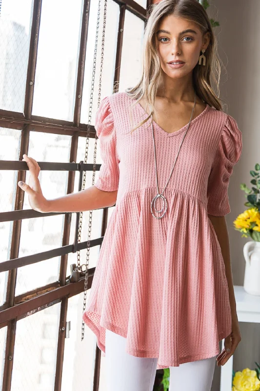 Full Size Waffle Knit V-Neck Babydoll Top