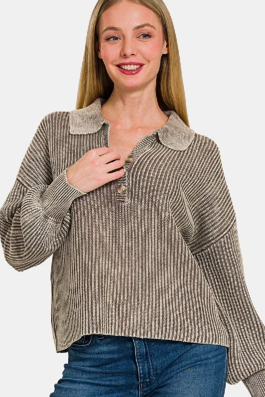 Washed Half Button Long Sleeve Sweater