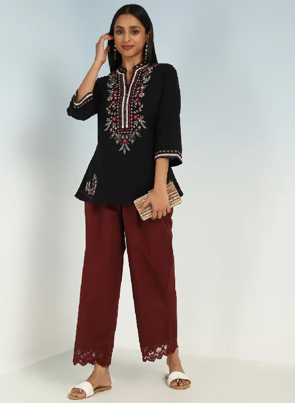 Black Boho Straight Tunic with Dense Embroidery