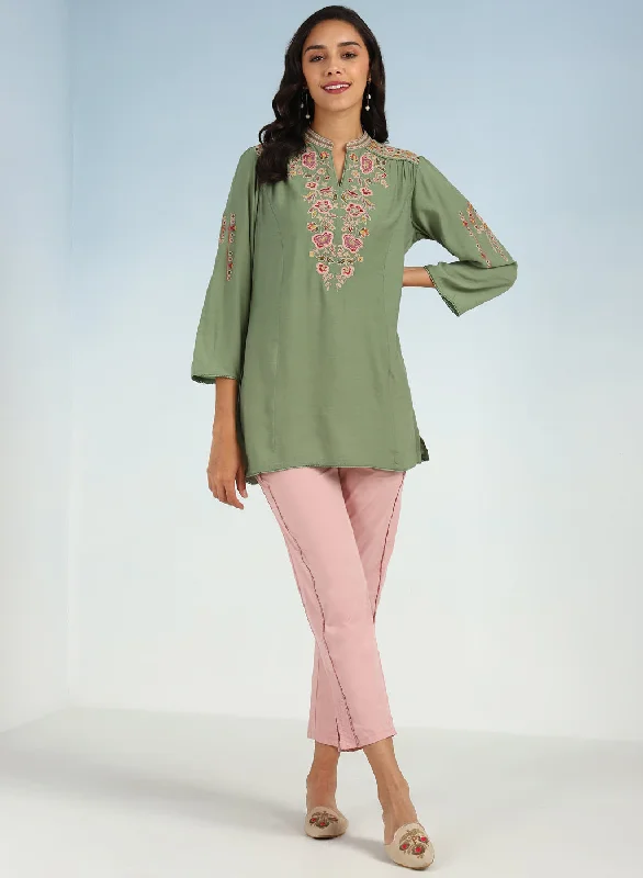 Green Floral Tunic with Shoulder Gathers