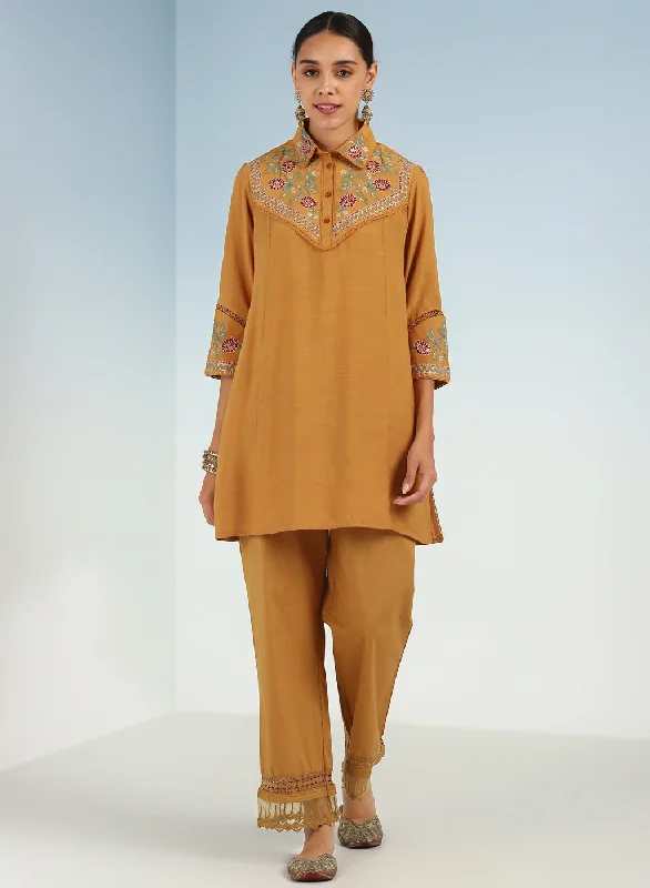 Mustard Embroidered Tunic for Women with Classic Collar