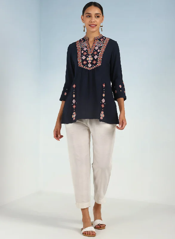 Navy Blue Tunic with Front Yoke Embroidery Detail