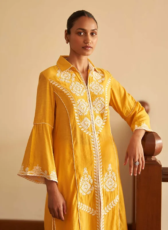 Yellow kurti with Dori work and Bell Sleeves