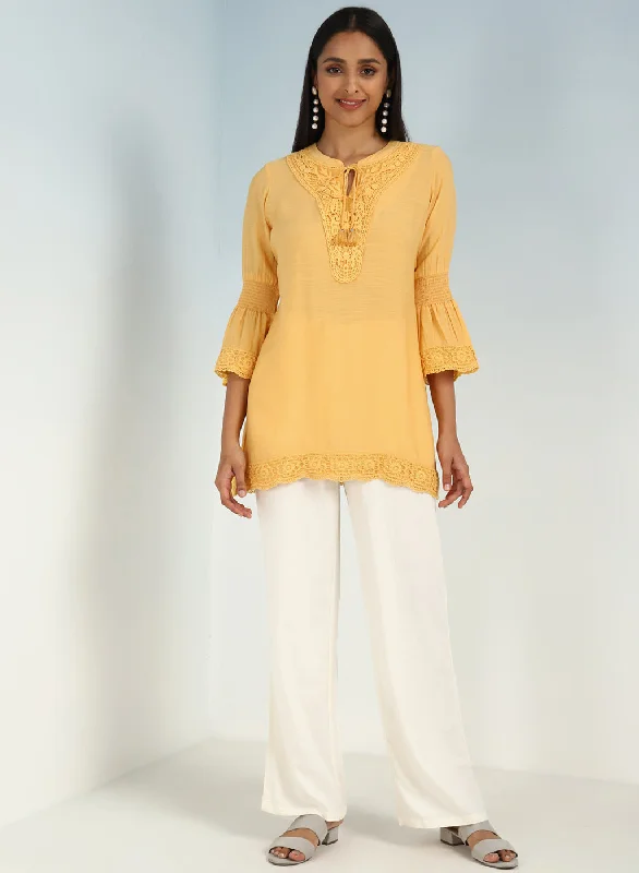 Yellow Solid Tunic with Keyhole Neck and Bell Sleeves