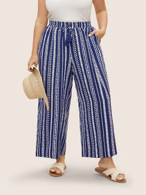 Bandana Striped Tassel Drawstring Wide Leg Pants