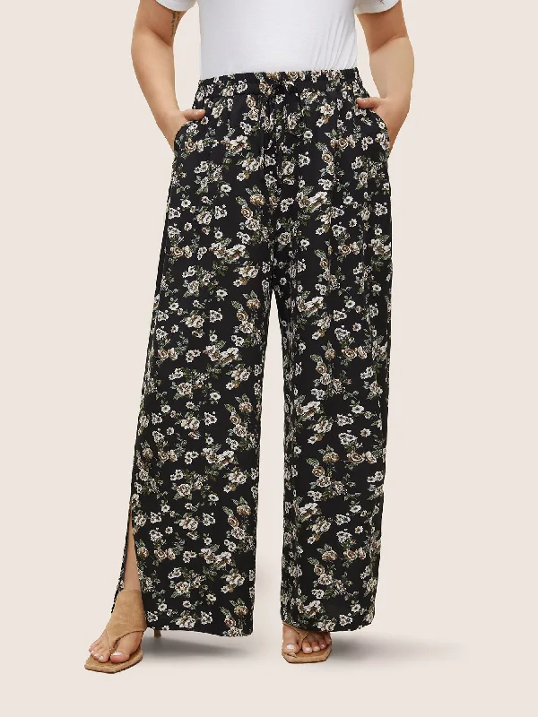 Ditsy Floral Ties Split Hem Wide Leg Pants