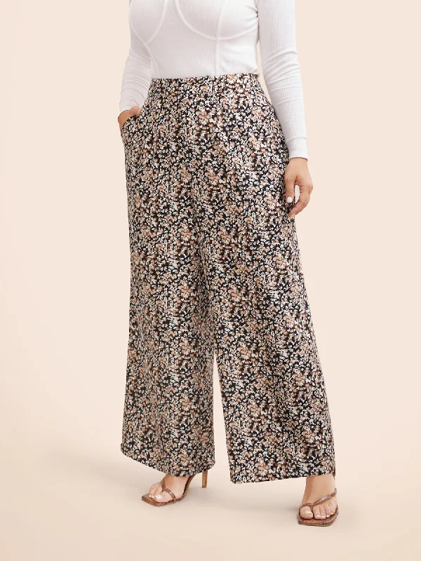 Leopard Print Pleated Wide Leg Pants