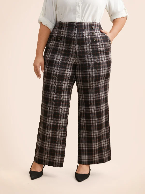 Plaid Button Detail Mid Rise Pants