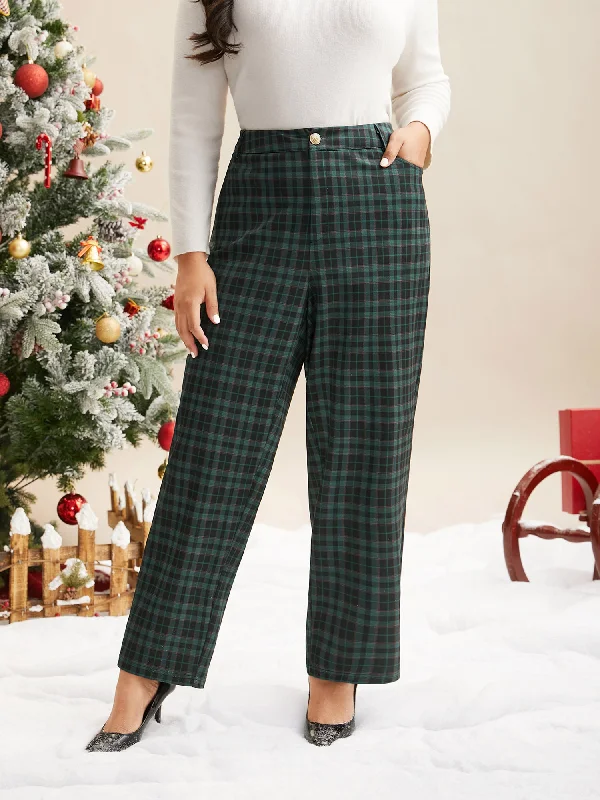 Plaid Pattern Straight-Leg Mid Rise Pants