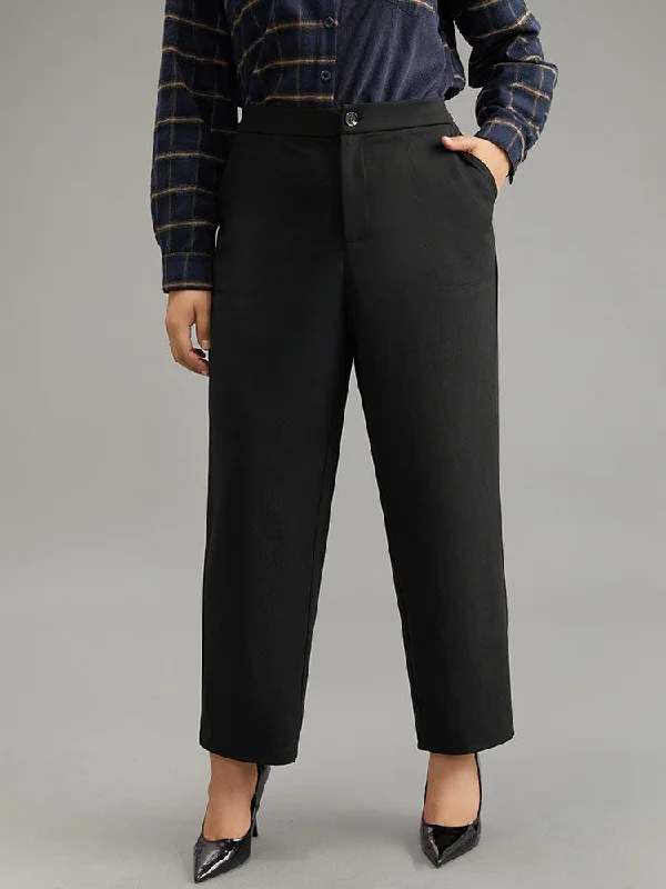 Plain Elastic Waist Pocket Mid Rise Pants