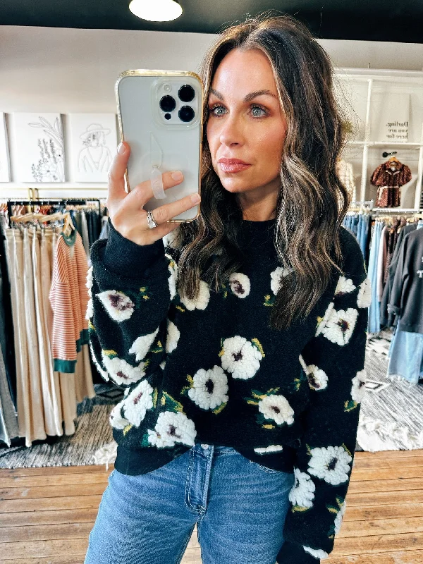 Floral Pullover Sweater-Black